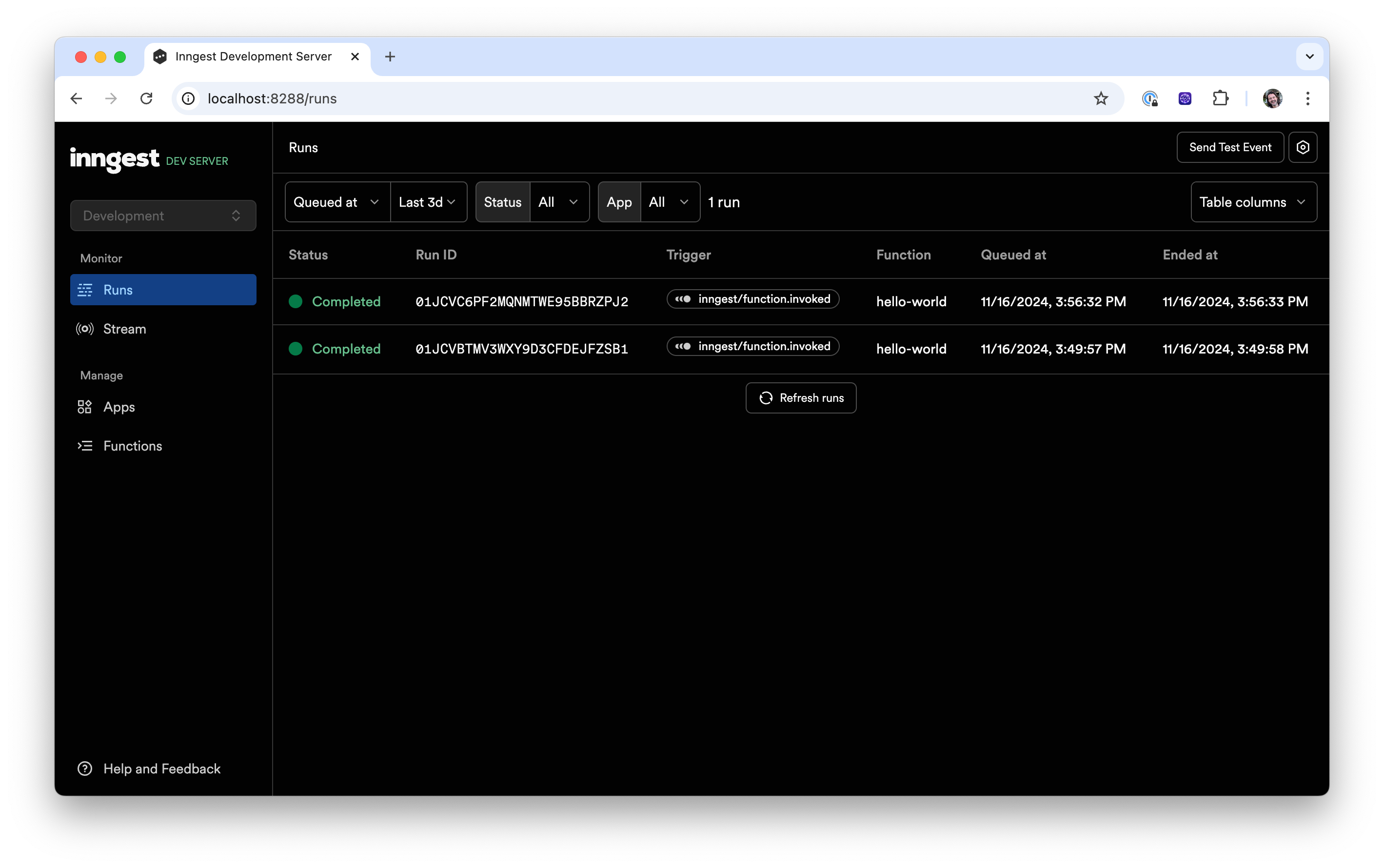 Inngest Dev Server web interface's runs tab with two runs listed